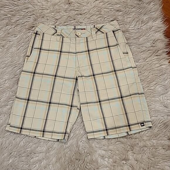 Quicksilver mens tan, black and light blue plaid polyester shorts size 28 - Picture 1 of 6